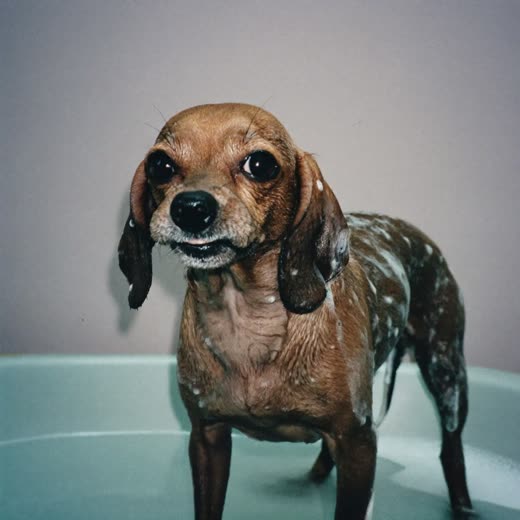 A small dog being bathed